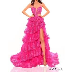 NEW AMARRA glitter tulle sequin ball gown with plunging neckline in fuchsia